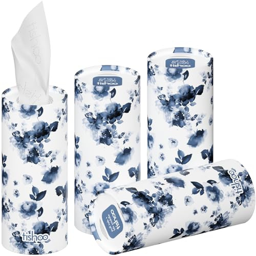 tishoo 4-lagige, ultra-luxuriöse Taschentücher mit Hyaluronsäure | für Getränkehalter im Auto, Zuhause & unterwegs | 4 Röhren x 40 Tücher | Blue/Floral