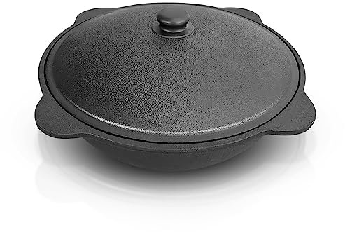 ZARENHOFF Gusseisen Kazan mit Deckel aus Aluminiumguss, flacher Boden,Usbekischer Topf, WOK, Kasan, Camping Topf, Feuerofen, BBQ Dutch Oven, Gulaschkanone, Schmortopf mit Deckel (6 L)