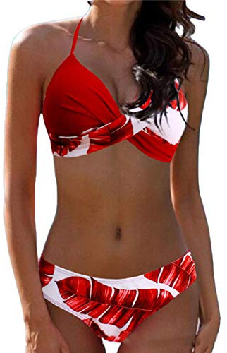 CheChury Maillot de Bain 2 Pièces Femmes Sexy Tie-Dyed Ensembles Bikini Push Up Rembourré Amincissant Triangle Bas Swimwear - A-Rouge - XL