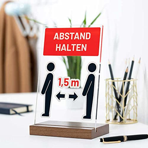Corona Hinweisschild - Deko Aufsteller Abstandsregeln - Abstand halten (Nussbaum, Holz)