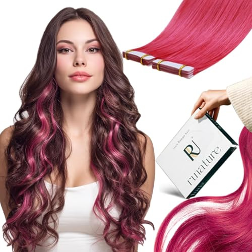 RUNATURE Echthaar Extensions Tape Rosa 40cm Tape in Extensions Echthaar Heiß Pink Haarextensions Echthaar 10 Stück Tape Extensions Echthaar Bunt Echte Haare #Hot Pink 25g