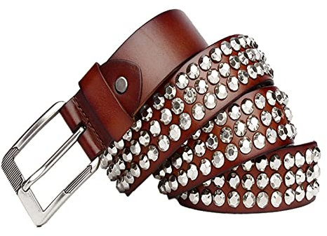 Punk Rock Nietengürtel 3 Reihe Metall Silber Nieten Gothic Leder Gürtel Geeignet Für Alle Kleidungsstücke 105Cm - 125Cm Länge Für Herren Damen Kürzbar,Braun,120cm/waist:40~42