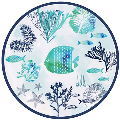Les Jardins de la Comtesse – Plato plano grande de melamina – Caribe – Ø 27 cm – Azul mar y pescado – Vajilla cuasi-irrompible MelARTmine