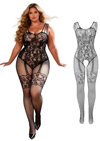 comeondear Bodystocking Ouvert für Damen Erotische Unterwäsche Sexy Fishnet Bodysuit Catsuit Strumpfhosen Große Größen Dessous Reizwäsche Curvy Fischnetz body mit Offenem Schritt Schwarz,L-XXL