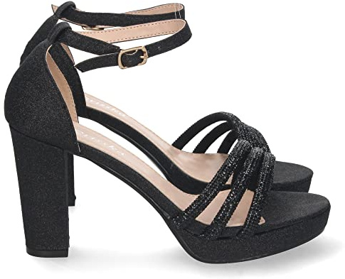 shoes&blues.es Sandalia de Tacon para Mujer, Comoda, de Material Brillante, Pala con Strass, y Cierre de Hebilla, Otono Invierno 2022