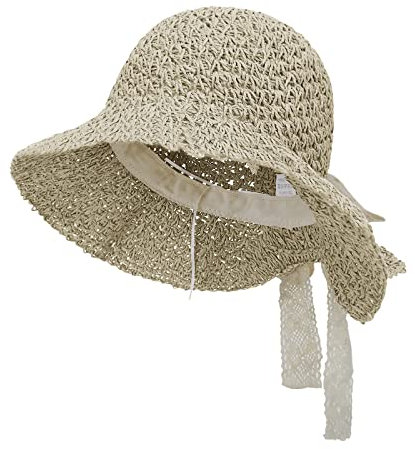 OhMill Femme Capeline Chapeau de Soleil Chapeau de Paille à Larges Bords avec Nœud en Dentelle Chapeau d'Été Anti-Solaire Respirant Ajustable pour Plage Voyages Vacances