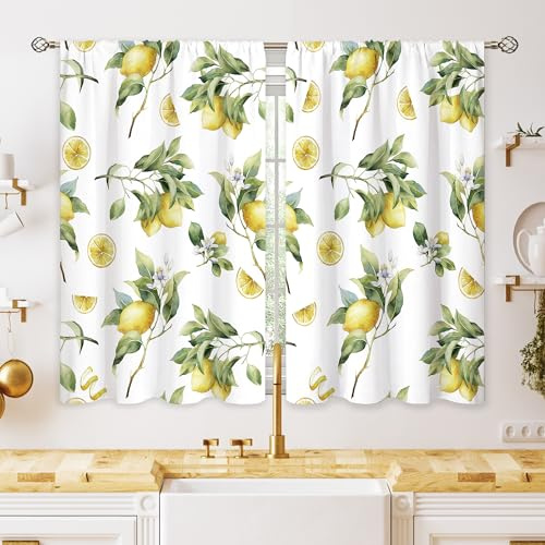oolygoo Tende da cucina piccole con foglie verdi gialle e limone, trattamento per finestre estive tropicali per caffè, tende corte per bagno, sala da pranzo, lavanderia, trattamento floreale con fiori