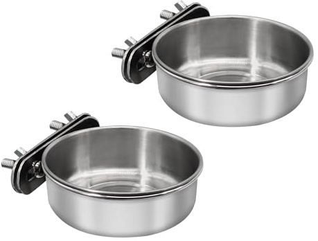 DVHEY 2 Pcs Small Bird Feeding Dish Cups,Parrot Food Bowl Cage with Clamp Holder Stainless Steel,Birdcage Coop Water Feeder for Cockatiel Parakeet Macaw Finches Lovebirds Small Animals (2 Pack, Small)
