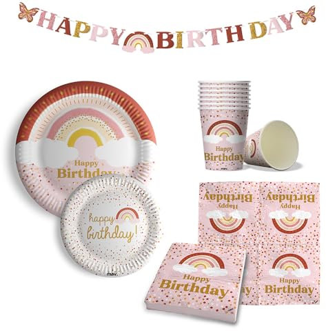 Mavertick Set de fête d'anniversaire 69 pièces pour filles sur le thème boho arc-en-ciel 16 grandes assiettes 16 petites assiettes 16 verres, 20 serviettes et feston avec inscription d'anniversaire.