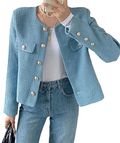 UKTZFBCTW Blazer Blanc Femme Printemps Bleu Tweed Blazer Veste Tweed Noire Courte Manteau Métallique Simple Coupe Courte, bleu, M