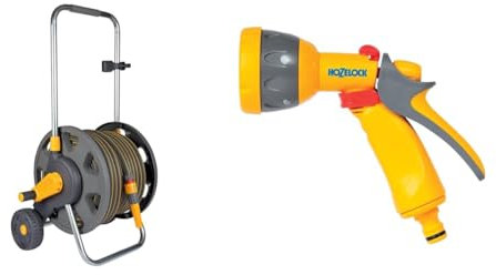 HOZELOCK - Cart Plus 50m of Ultramax Hose (12.5 mm): Max Capacity 60m, Rewind Handle, Sturdy Frame & Multi-Jet Spray Gun : Ideal for Daily Use, Multi-Tasking Gun, Locking Function and Flow Control
