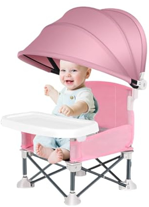 Kinder Baby Campingstuhl Strandstuhl Reisehochstuhl mit Tablett, Baldachin & Riemen | Faltbarer Babystuhl Essen stuhl Sitzerhöhung | Baby-Fütterungsstuhl Zubehör mit Transportbeutel (Rosa)
