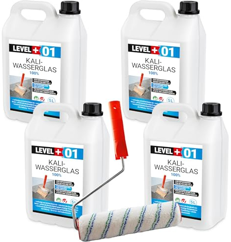 Level Plus 01 Kaliwasserglas 28-30 Unverdünnt 20 Liter Haftgrund Abdichtung | Holzimprägnierung Pur Wasserglas 100%, Beton Versiegelung Wetterfest + Farbroller 10cm