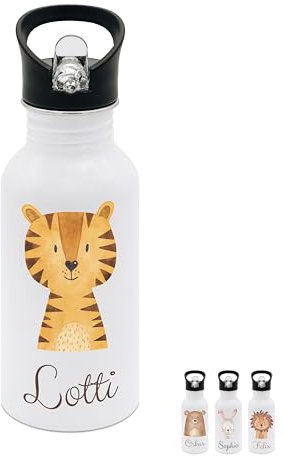 wunderwunsch® - Personalisierte Trinkflasche Kinder Edelstahl [ 500ml ] - Robuste Trinkflasche mit Namen - Wasserflasche mit Trinkhalm - Personalisierte Geschenke für Kinder (Tiger)