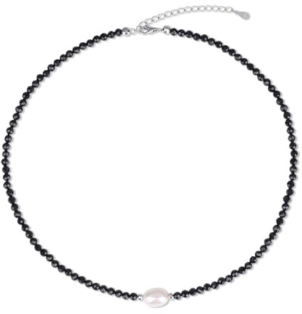 COAI Damen Perlen Halskette mit Natürlichen weißen Süßwasserperlen und 4mm Spinellsteinen für Frauen