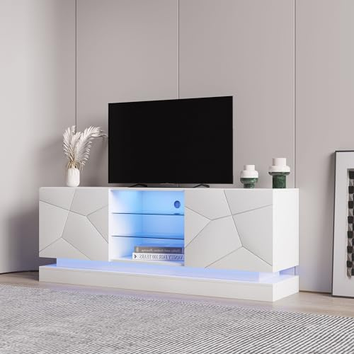 Jaxenor Meuble TV LED 160 cm avec 2 portes d'armoire - Moderne pour TV de 70 - Blanc mat