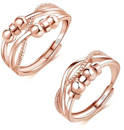 Deyanse Silber Anxiety Ringe, 2PCS 925 Sterling Silber Angst Ringe Set | Offen Einstellbar Anti Stress Partnerringe, Unendlichkeit Spinner Fidget Ring mit Perlen, Unisex Dekompressionsring Paar Ring