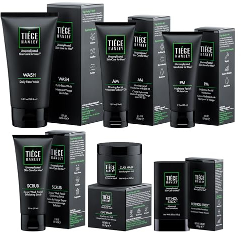 Tiege Hanley 90-Day Large Anti-Aging Skin Care Routine For Men Includes Face Wash, Scrub, Moisturizers, Clay Mask, & Retinol Stick
