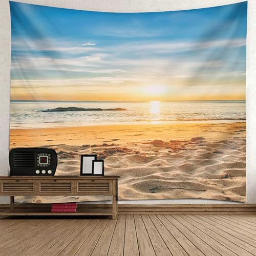 Beydodo Wandteppich 210x140, Wandvorhang Motiv Landschaft Sonnenaufgang und Strand Muster Wall Tapestry Wandbehang Kinderzimmer Wanddeko Schlafzimmer
