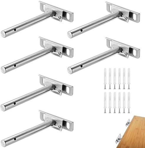 6 Stück Regalhalterung Unsichtbar, 120 mm Längenverstellbare T Förmige Tablarträger, Einschließlich 12 Dehnungsrohren + 12 Schrauben, zur Unterstützung von Holzregalen, Bücherregalen usw (Silber)