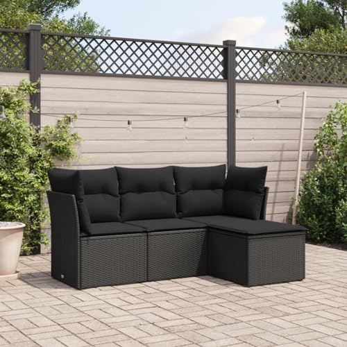 IKAYAA 4-TLG Rattan Gartenmöbel Set, Balkon Lounge, Outdoor Loungemöbel Rattan Sitzlounge Ecklounge Ecksofa Gartensofa Balkonsofa Schwarz Type-64