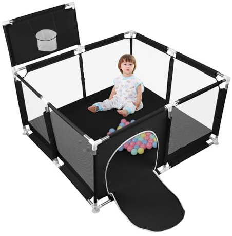 Laufstall für Babys, Laufgitter für Kleinkinder, Barriere für Laufgitter, Babygitter (Ecke) + 50 Bälle + 4 Ringe + 4 Saugnäpfe, 180 x 120 x 66 cm, Schwarz