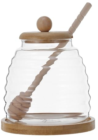 Cabilock Frasco de Miel de Vidrio Transparente con Tapa y Agitador de Madera Almacenamiento Hermético para Cocina y Decoración Farmhouse