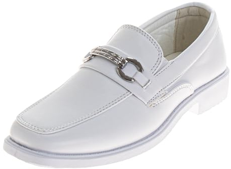 Josmo Boys Dress Shoes – Slip-On Comfort Uniform Oxford Loafer with Buckle - White (Sizes 12 Little Kid)