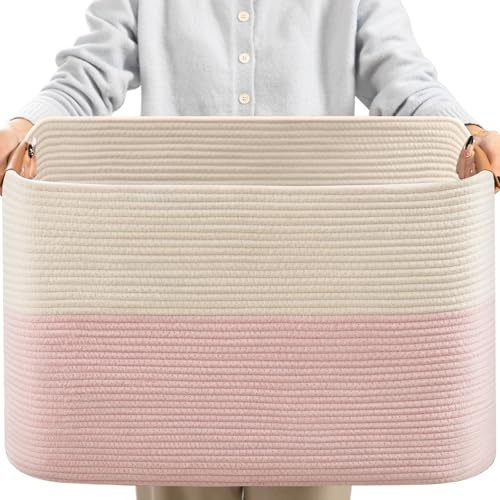 danpinera Aufbewahrungskorb, 50L Körbe, Korb Aufbewahrung für Baby Spielzeug, Aufbewahrungskorb Groß, Korb Aufbewahrung für Decken, kissen, Gästehandtuchkorb Weiß und Rosa