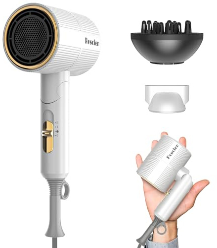 Sèche-cheveux ionique RESCIEN 2000W avec Concentrateur & diffuseur [Petit/Pliable/2026 neuf- 10 x 7 x 19cm/250g] Sèche-cheveux de voyage, Hair Dryer séchage rapide, utilisable en salon (Blanc)