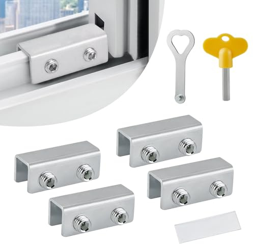 Sliding Window Locks with Keys (4 Pack), Adjustable No-Drill Security Window Stops for Vertical & Horizontal Windows/Doors, Easy Install Window Safety Locks for Home, Bedroom, Patio & Office (Silver)