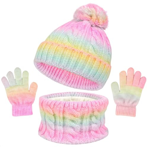 GWAWG Kids Hat Scarf Gloves Set 3-in-1 Winter Knitted Pom Pom Beanie, Neck Warmer & Gloves for Boys Girls, Soft Fleece Lined Gradient Hat Scarf and Gloves Set for Children Aged 3–10 Pink