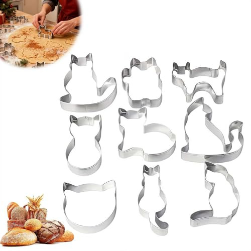 Juego de 9 cortadores de galletas para gatos, cortadores de galletas de animales de acero inoxidable, bonitos moldes de galletas con forma de gato para hornear pasteles, fondant, azúcar, decoración de