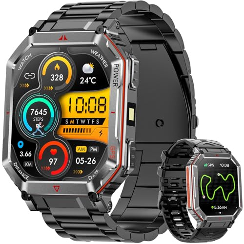 Smart Watch for Men Military Steel Strip, with GPT Voice Assistant and GPS | Compass/Sports Modes/LED Flashlight/AI dial, 2.01 HD Display Bluetooth Call Smartwatch, Compatible with Android & iOS