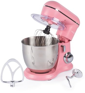 Salter British Bakes Stand Mixer – 5L Food Mixer for Baking, 1300W, 10 Speeds, Easy Control Dial, Removeable Splash Guard, Pink Electric Kitchen Appliance with Whisk, Dough Hook and Beater