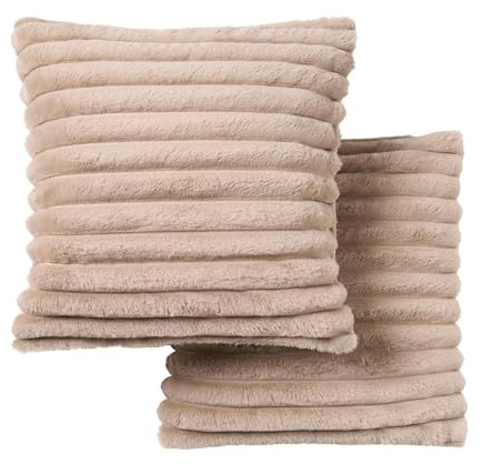 OHS Cushion Covers 45 x 45 Set of 2 Thick Ribbed Faux Fur Decorative Square Throw Pillow Cover with Invisible Zipper Sofa Cushion Covers Home Decor for Living Room Bedroom, Mink
