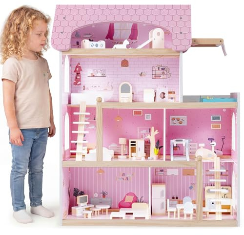 COSTWAY Casa delle Bambole in Legno, Casa Bambole con 4 Piani, 6 Stanze, Terrazza, Piscina e Scale, Casetta Giocattolo Educativo con 33 Mobili Accessori, per Bambini 3+ Anni, 63 x 25 x 78 cm (Rose)