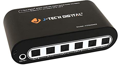 J-Tech Digital Premium Quality SPDIF TOSLINK Digital Optical Audio 4x2 Matrix (Four Inputs Two Outputs)