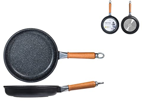 H&H Padella Bassa Antiaderente Pietra Manico in Legno Cm20 Pentole Cucina, Nero, 20 cm