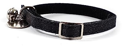 Katzenhalsband mit Pailletten, Glöckchen, Schnallenverschluss, Sicherheit, 32 x 1 cm, Schwarz