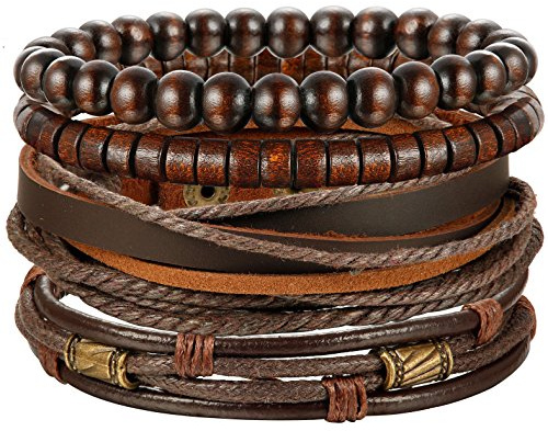Jstyle 4Pcs Braided Leather Bracelet for Women Mens Cuff Bead Bracelet Set Adjustable Brown