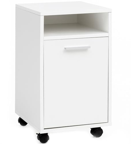 Wohnling Rollcontainer 33x38x60 cm Weiß mit Tür und Ablage | Schreibtisch-Container mit 2 Türfächern, Bürocontainer klein auf Rollen, Schubladenschrank für Büro und Homeoffice