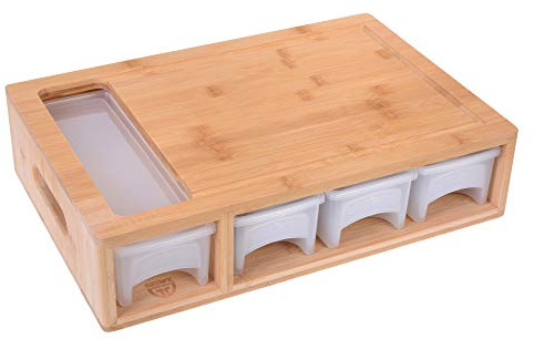 GRÄWE Bambus Schneidebrett groß, 40 x 27 cm, Holzbrett für Linkshänder, Küchenbrett mit Auffangschalen, klingenschonend, rechteckig