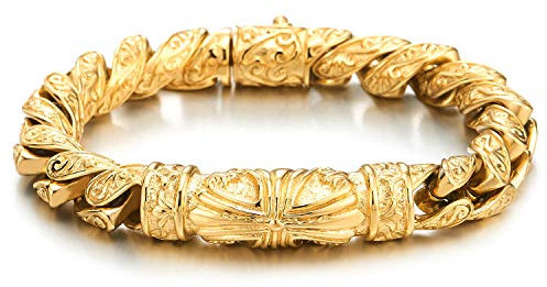 COOLSTEELANDBEYOND Gold Farbe Herren Edelstahl Kreuz Bettelarmband mit Charme Vintage Gliederkette Armband mit Federringverschluss