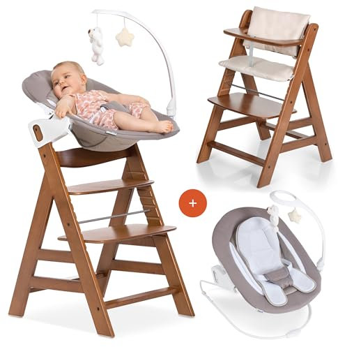 hauck Alpha+ Newborn Set Deluxe - Baby Holz Hochstuhl ab Geburt mit Liegefunktion - inkl. Aufsatz für Neugeborene & Sitzpolster - mitwachsend, verstellbar - Walnut