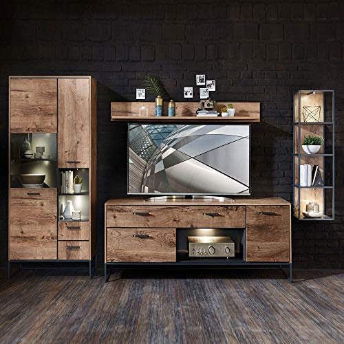 Lomadox Industrial TV-Wohnwand in Haveleiche Cognac Dekor mit Graphit inkl. LED-Unterbaubeleuchtung