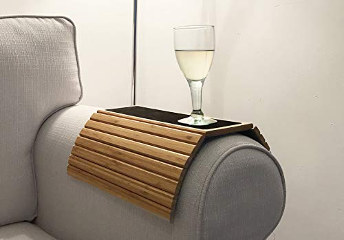 En Route Bamboo Arm Tray Table | Foldable Couch Armrest Tray with Non-Slip Mat for Drinks, Snacks, Phone & Remote | Flexible, Sustainable Slinky Bamboo Design | Armchair Table, Sofa Tray