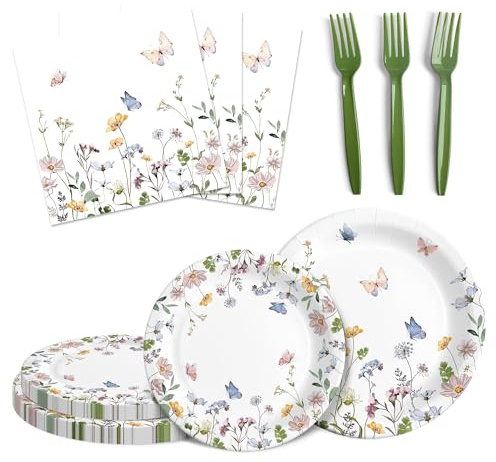 Audree 96 Pcs Wildflower Party Supplies, 24 set Disposable Paper Plates and Napkins for Party Baby Shower, Wedding, Birthday, Perfect for Guests Set Dinner and Dessert Plates, Napkins, Plastic Forks