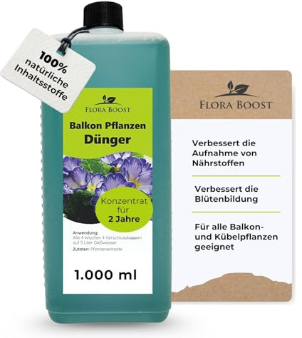 Flora Boost Balkonpflanzen Dünger 1L, 100% natürlicher Flüssigdünger | Pflanzendünger für bis zu 200L Gießwasser. Flüssiger Blatt- & Wurzeldünger für alle Balkon- & Kübelpflanzen geeignet