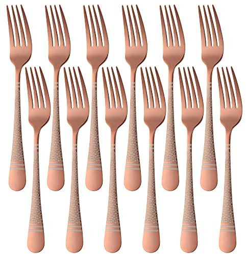 Buyer Star Rose Gold Dinner Fork Stainless Steel Table Fork Set of 12, Hammered Stainless Steel Cutlery Forks Set for Salad & Dessert, Laser Snake Line Pattern & Dishwasher Safe - 7.7 Inch